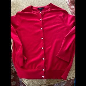Lands’ End red cardigan.